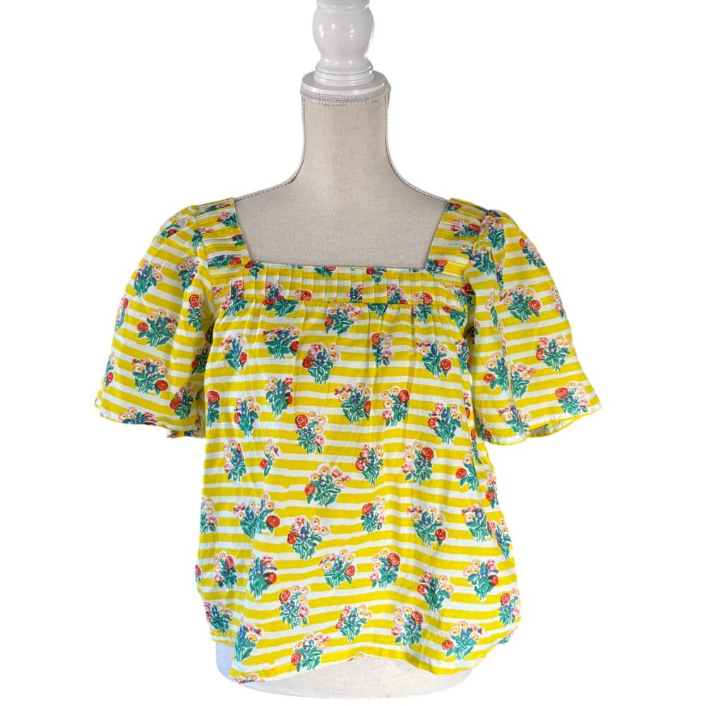 NWT Ophelia & Indigo Fifi Top in Yellow Stripe Floral XS square neck block print